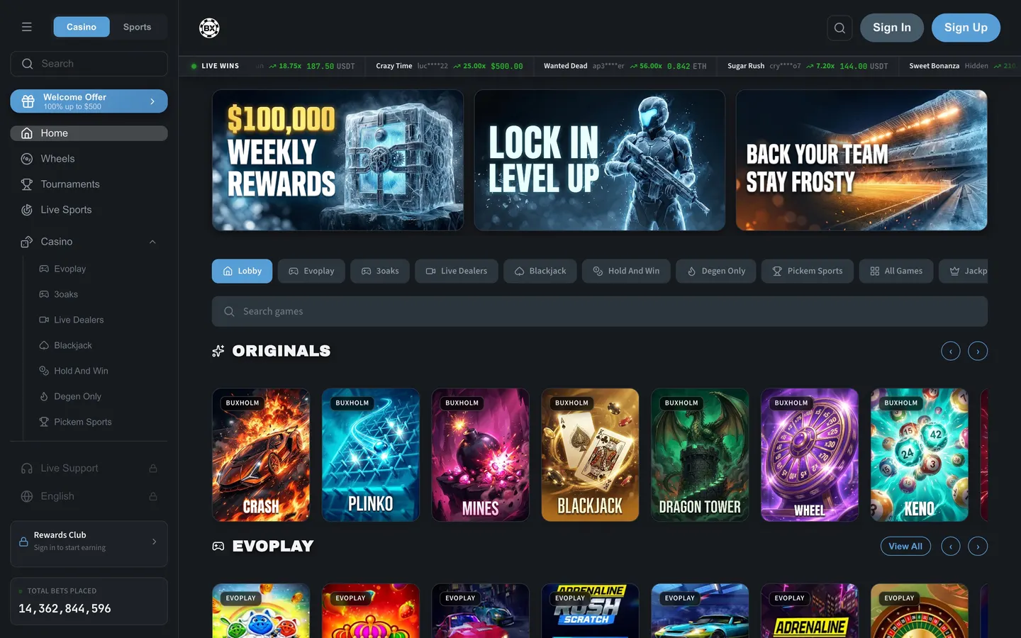 The Buxholm casino rendered in the Cobalt brand skin
