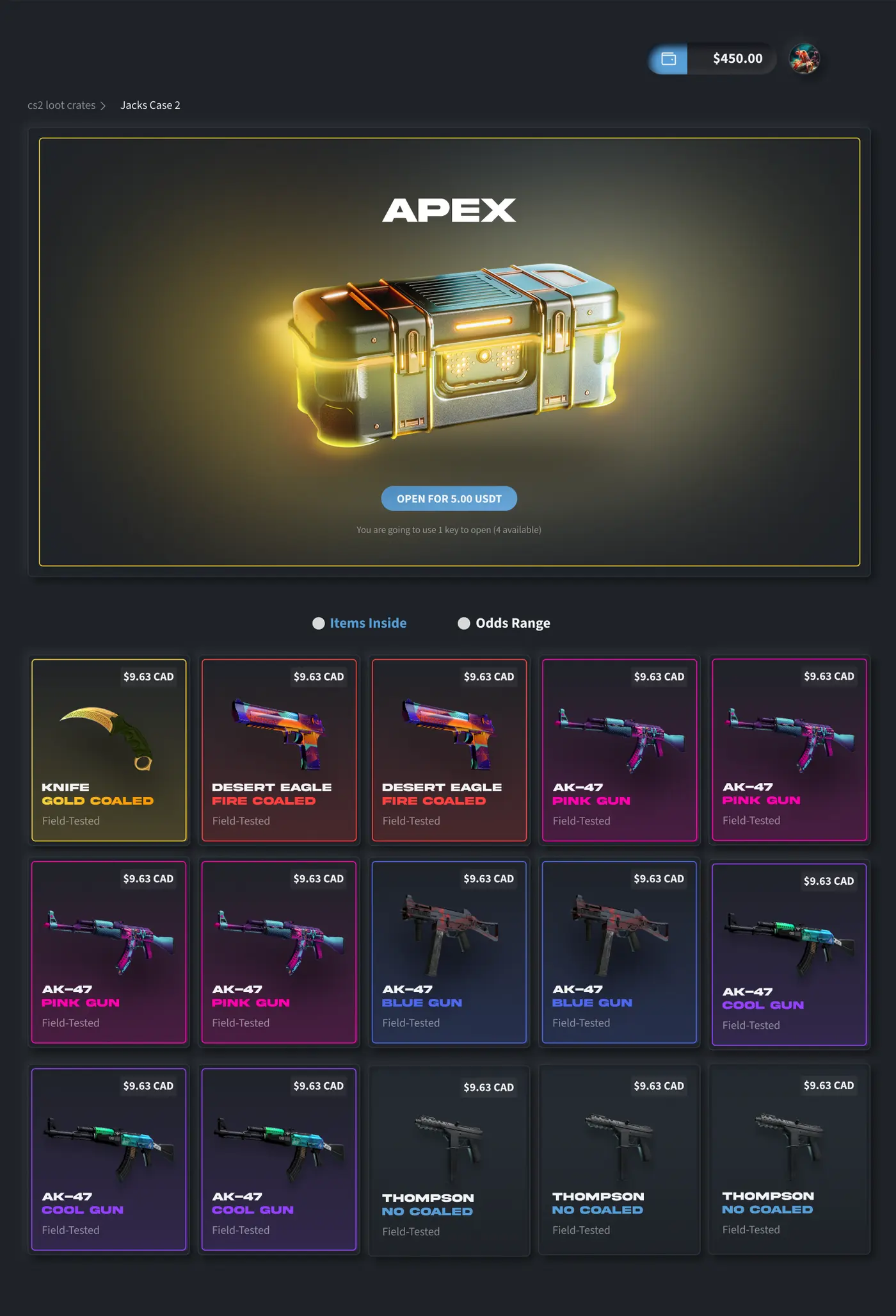 The Apex case detail screen, showing every skin the case can drop.