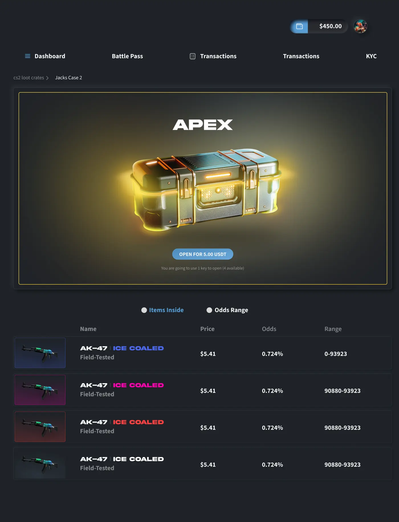 The Odds Range view: every item's price, probability, and roll range, published in the product.