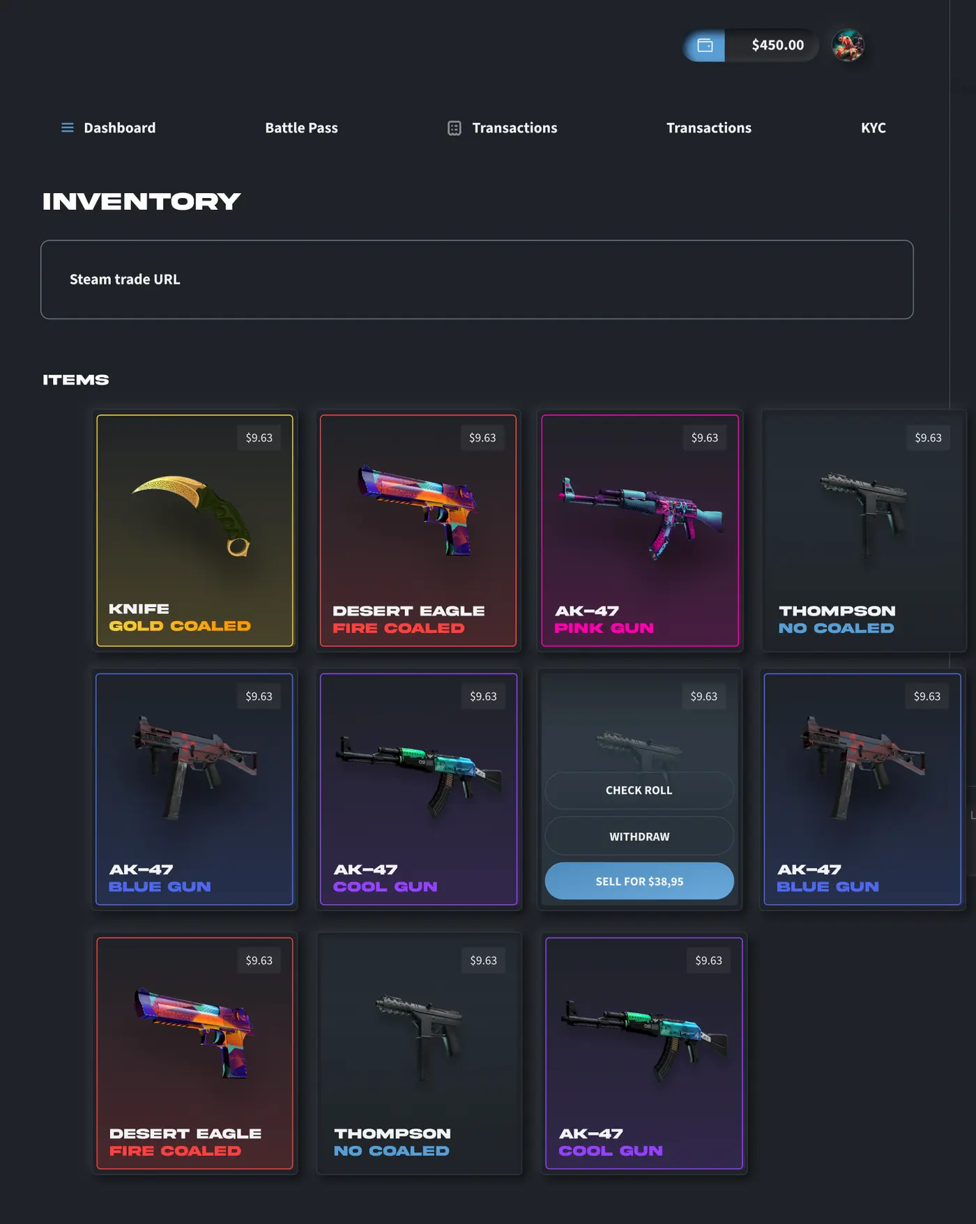 The inventory screen with a Steam trade URL field and won skins, each offering check roll, withdraw, and sell.