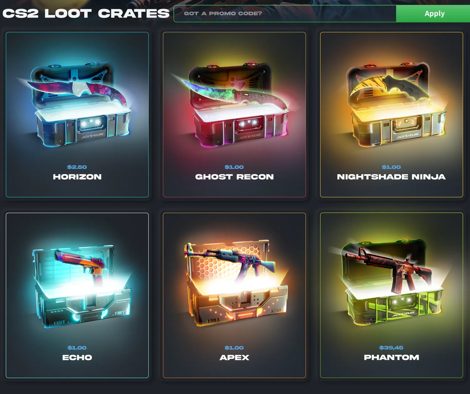 The CS2 loot-crate grid: six cases, each priced and rarity-tiered, in the live product.