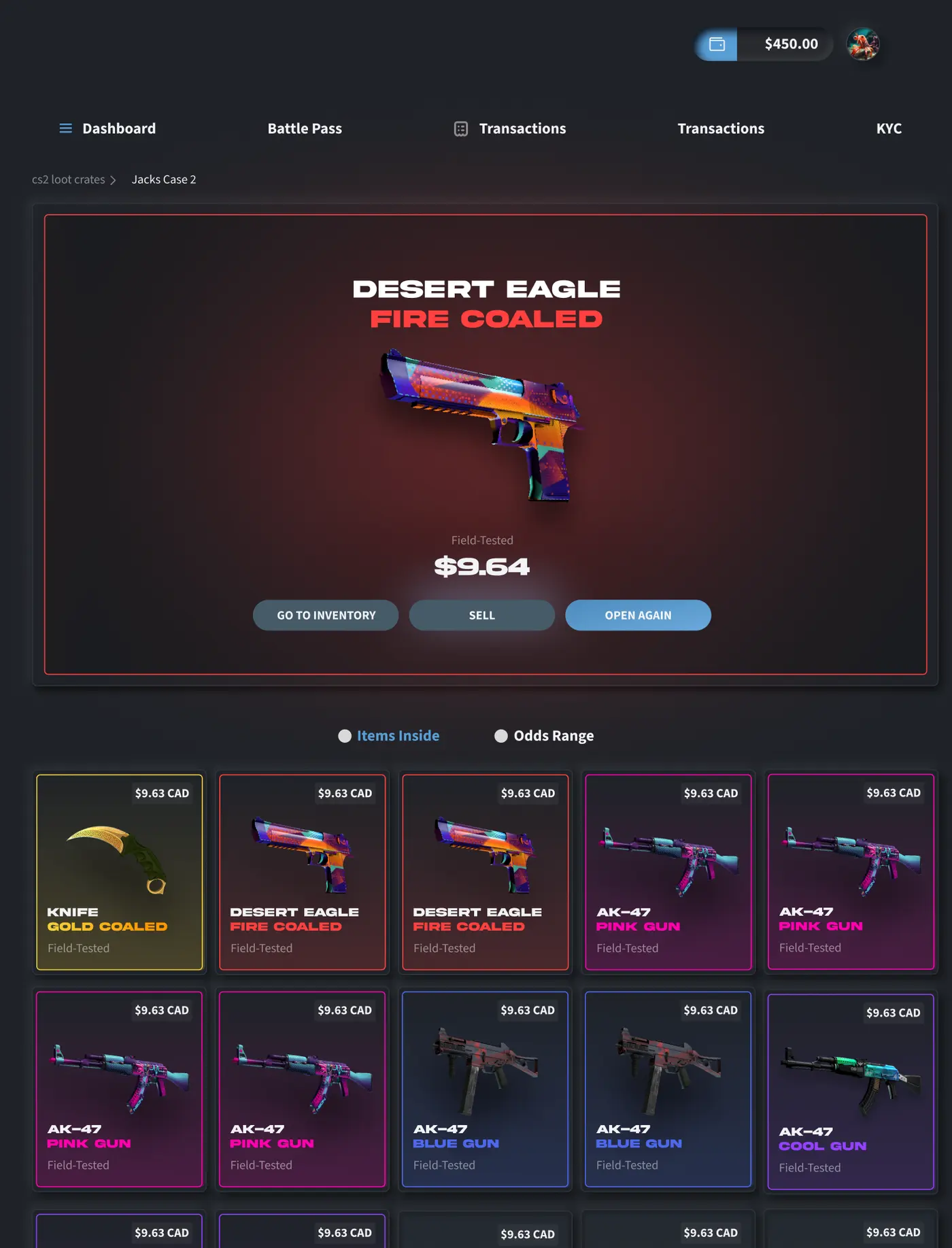 The reveal screen: a Desert Eagle Fire Coaled, field-tested, valued at $9.64, with sell, withdraw, and open-again actions.