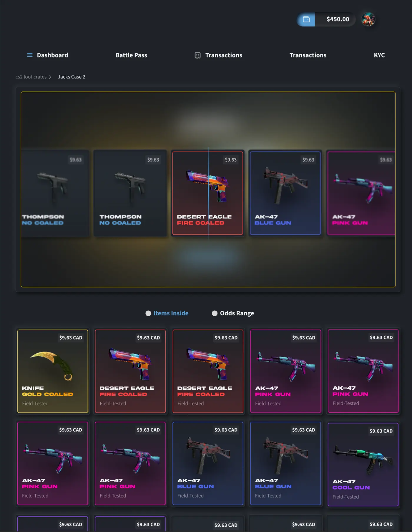 The case-opening roll animation passing across the possible items.