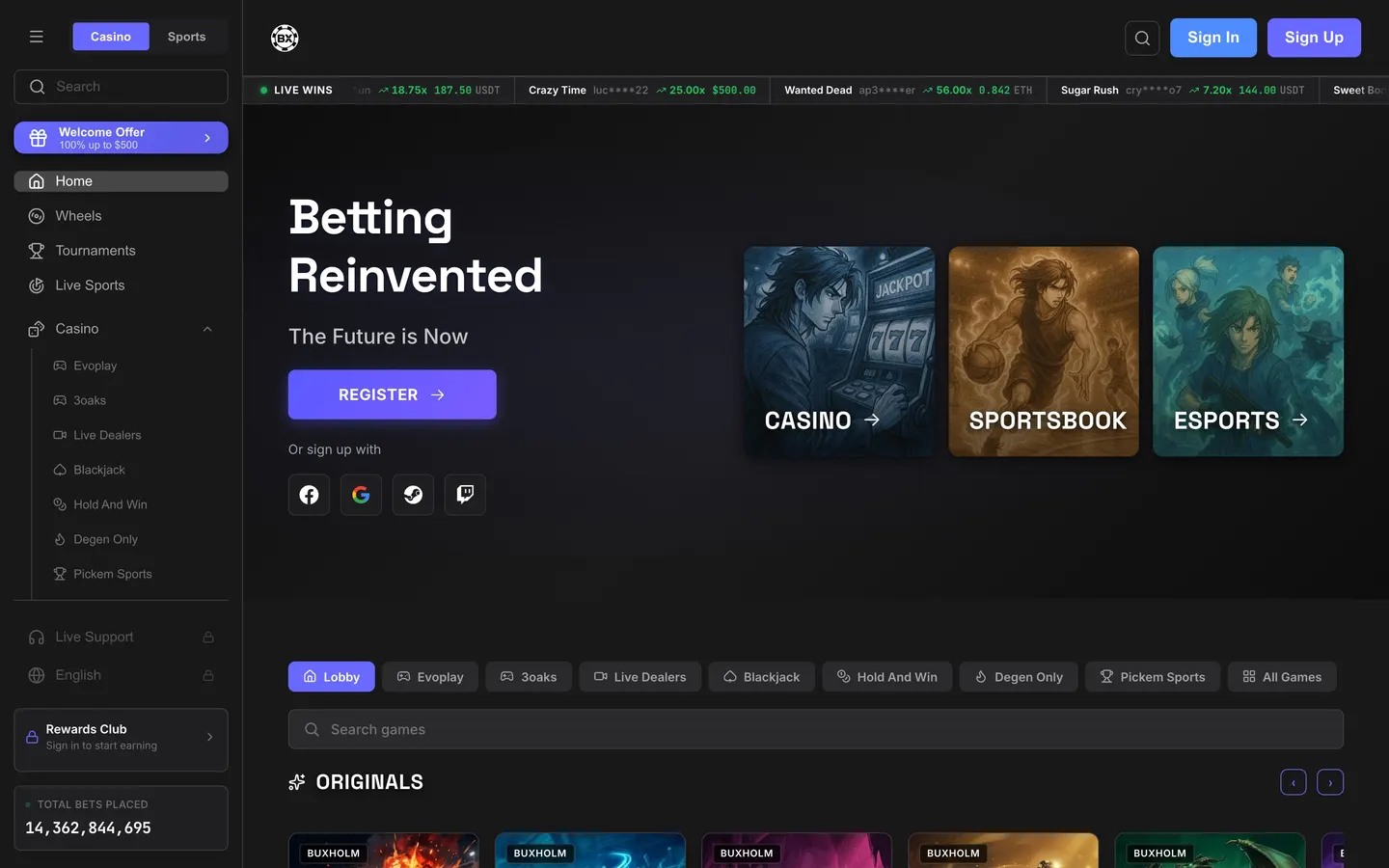 The Buxholm casino running the Turbo brand skin, with Ruby and Nova skins of the same build behind it