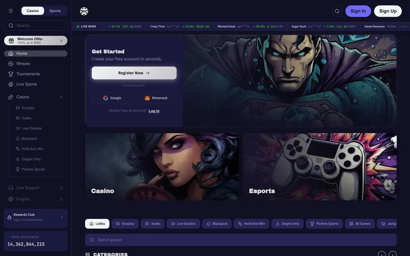 The Buxholm casino rendered in the Whale brand skin